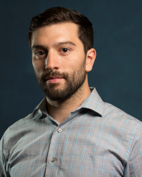 Portrait of a man with short dark hair and a beard wearing a gray button-up shirt, posed against a blue background.